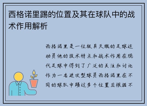 西格诺里踢的位置及其在球队中的战术作用解析 西格诺里踢的位置及其在球队中的战术作用解析