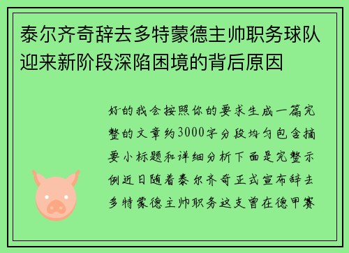 泰尔齐奇辞去多特蒙德主帅职务球队迎来新阶段深陷困境的背后原因