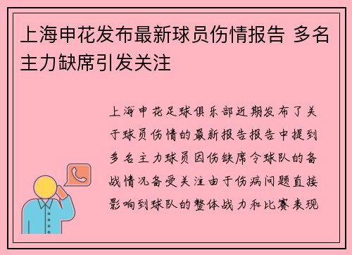 上海申花发布最新球员伤情报告 多名主力缺席引发关注