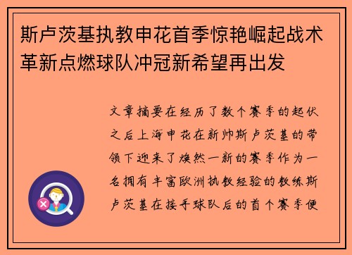 斯卢茨基执教申花首季惊艳崛起战术革新点燃球队冲冠新希望再出发